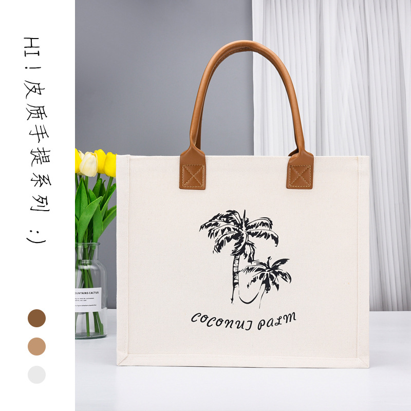 Portable Canvas Bag Large Capacity PU Leather Portable Shopping Bag Character Printing Commuter Tote Canvas Bag