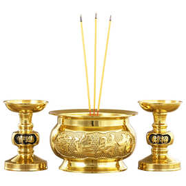 香炉纯铜家用室内铜炉碗供祖先财神爷神台香炉带烛台蜡烛上香鼎炉