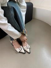 ALIGUIFEI阿里贵妃 韩系设计尖头皮带扣粗跟单鞋复古气质包头凉鞋
