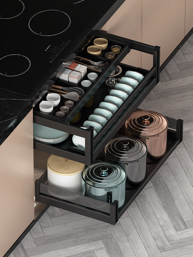 【小额批发】kitchentime厨房橱柜全铝合金双层款抽屉式碗碟拉篮