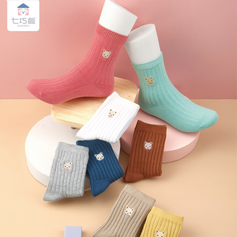 七巧板童袜批发女童中筒袜字春秋款儿童棉袜子冬男童刺绣宝宝长袜