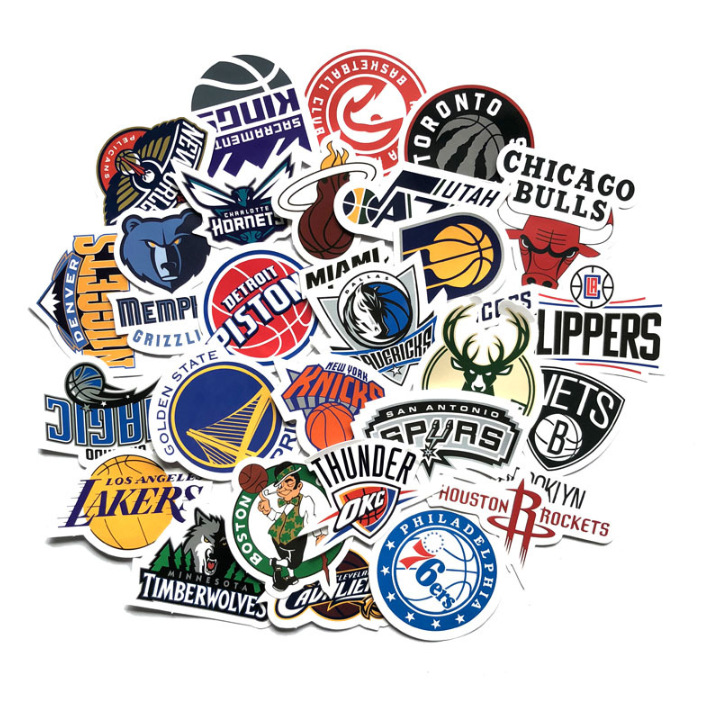 外贸30张卡通nba篮球队伍logo装饰笔记本贴纸滑板冰箱airpods贴纸