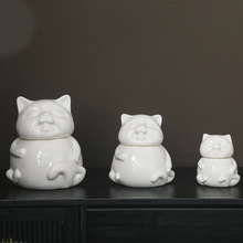 定制  陶瓷工艺品可爱猫摆件宠物猫高温白瓷存储收纳罐密封罐logo