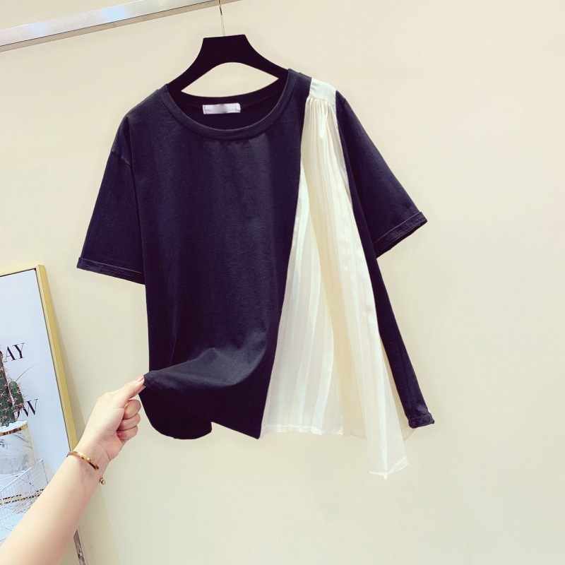 时尚不规则拼接短袖t恤女新款韩版宽松春夏港风简约半袖体恤上衣