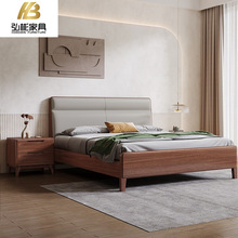 新中式胡桃木床实木软靠1.8米双人床简约现代主卧1.5米高箱储物床