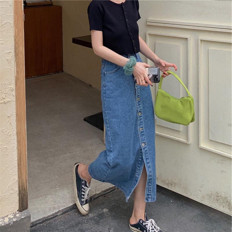 开叉高腰a字裙女牛仔裤夏季气质中长款复古半身裙显瘦裙子一步裙