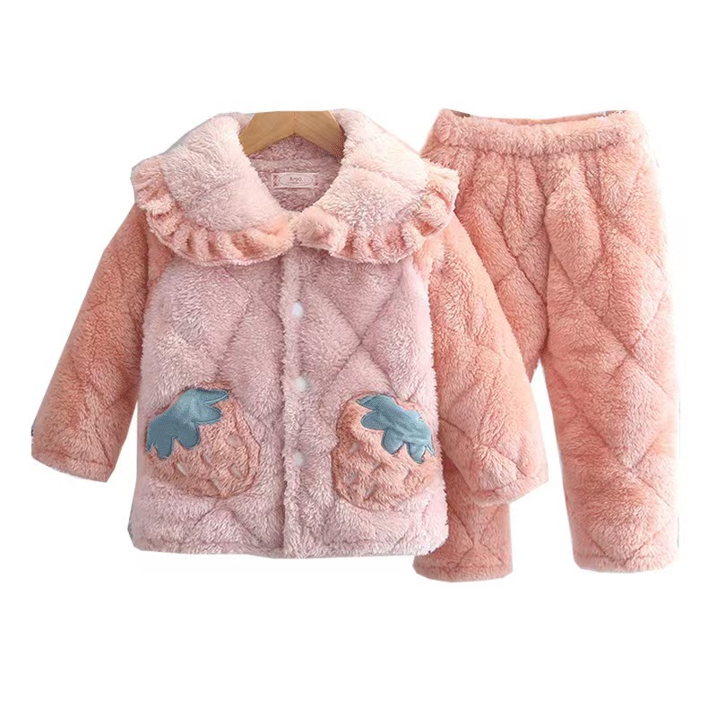 Winter New Child Clip Cotton Pajamas Flannel Boys' Thickened Suit Coral Fleece Warm Girls' Home Wear