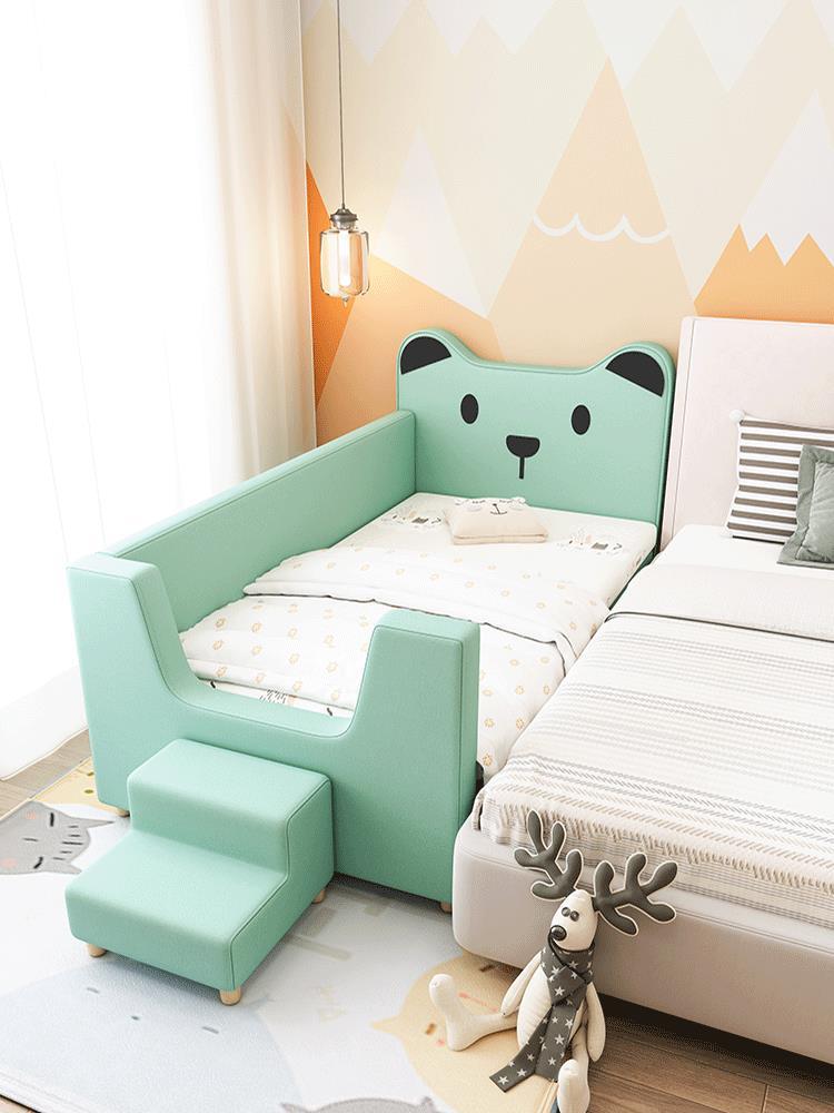 布艺儿童床带护栏单人床带步梯加宽床拼接床小孩子床实木宝宝边床