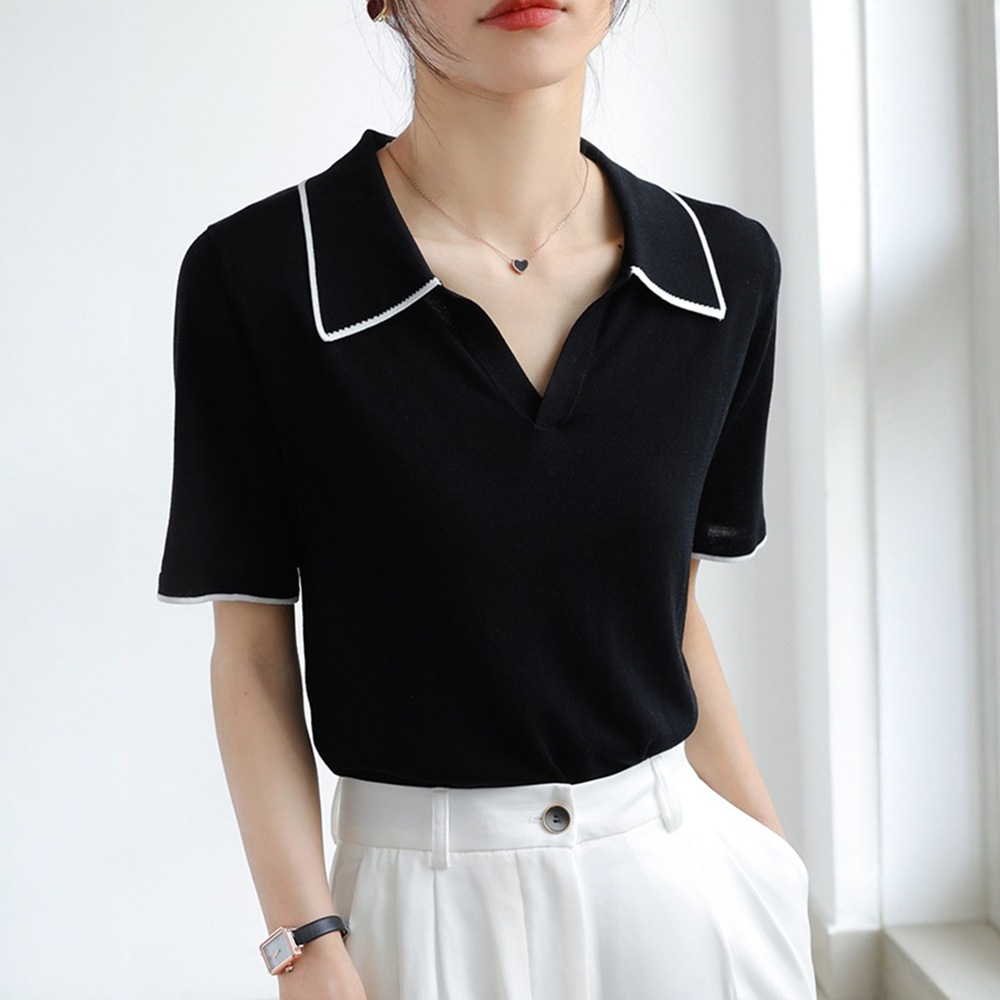 翻领正肩短袖t恤女2025夏季法式高级感轻熟风冰丝针织衫polo上衣