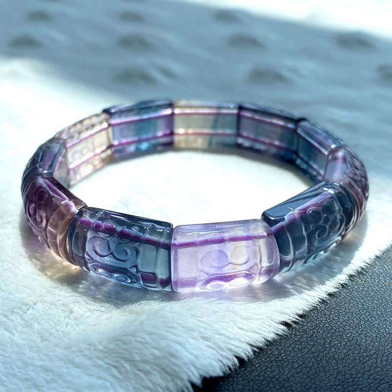 晶尧 天然彩萤石手排回纹珠镯形手环富贵不断路路通情侣水晶饰品