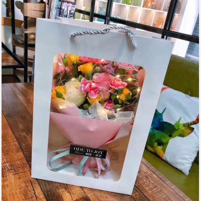 橱窗手提袋鲜花透明花束包装袋i网红白色开窗花袋子pvc伴手礼品袋