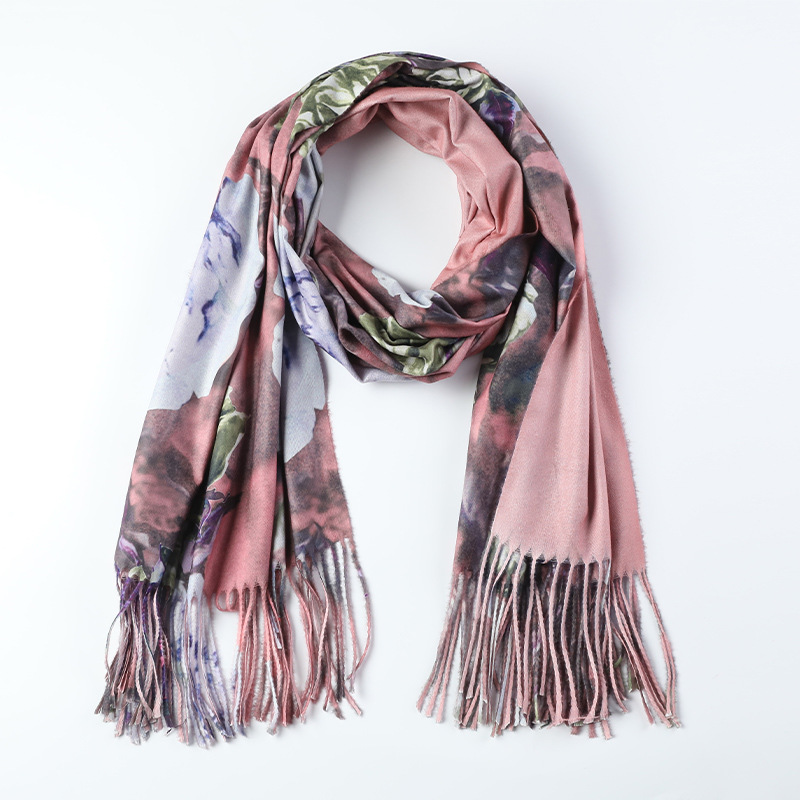 New Autumn and Winter Cashmere-like Digital Printing Scarf Oil Painting Rose Flower Style Scarf Cross-Border Shawl Wholesale