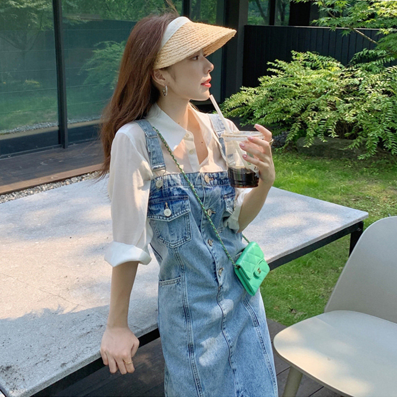 早春穿搭港风时尚甜美牛仔套装裙女新款小个子背带连衣裙两件套夏