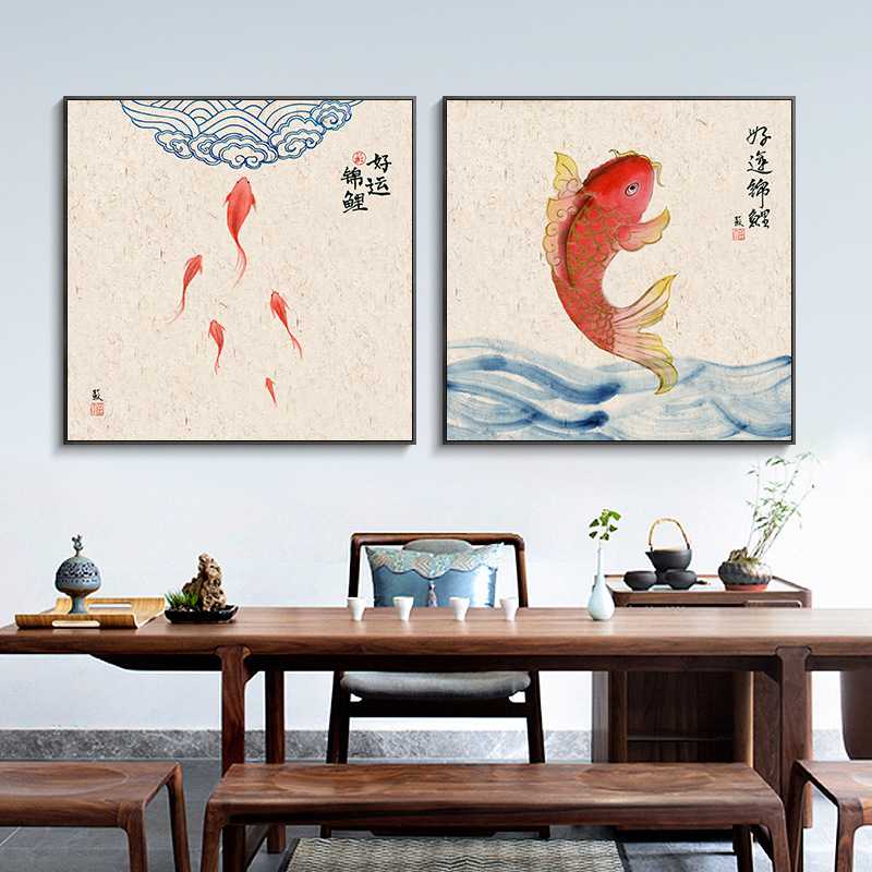 新中式客厅装饰画好运锦鲤图国画餐厅玄关挂画酒店走廊背景墙壁画