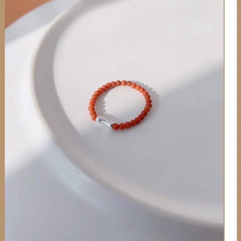 南红玛瑙925纯银橄榄竹节极细戒指女小众ins潮串珠指环文艺复古风