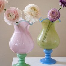 出口粉色法式复古高脚铃兰风灯花瓶中古琉璃高级玻璃花器插花摆件