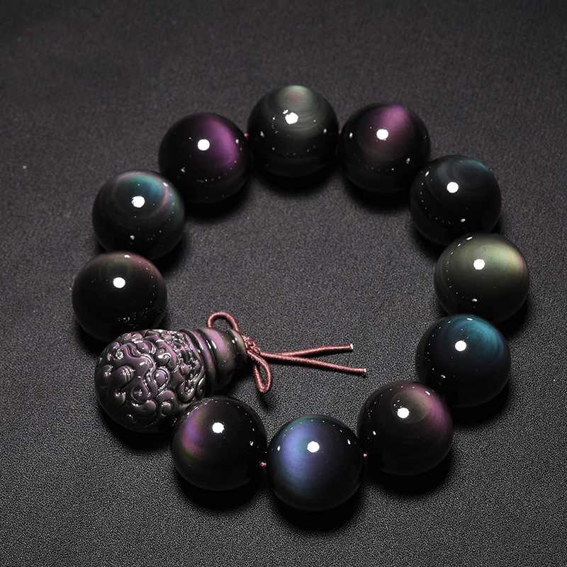 天然墨西哥双彩眼黑曜石手链全彩虹眼黑曜石单圈手串男女款-阿里巴巴
