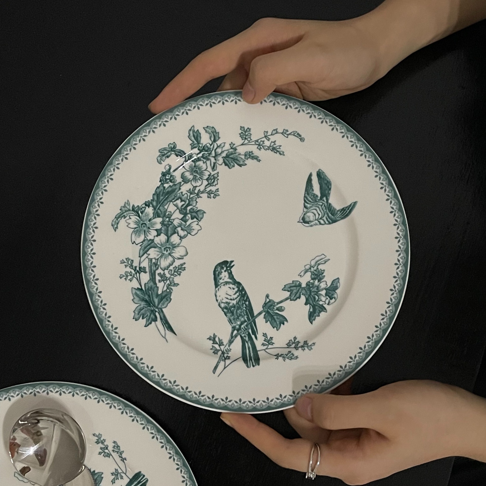 法式复古vintage 陶瓷盘 双雀海棠陶瓷盘子 甜盘子 点心盘早餐盘