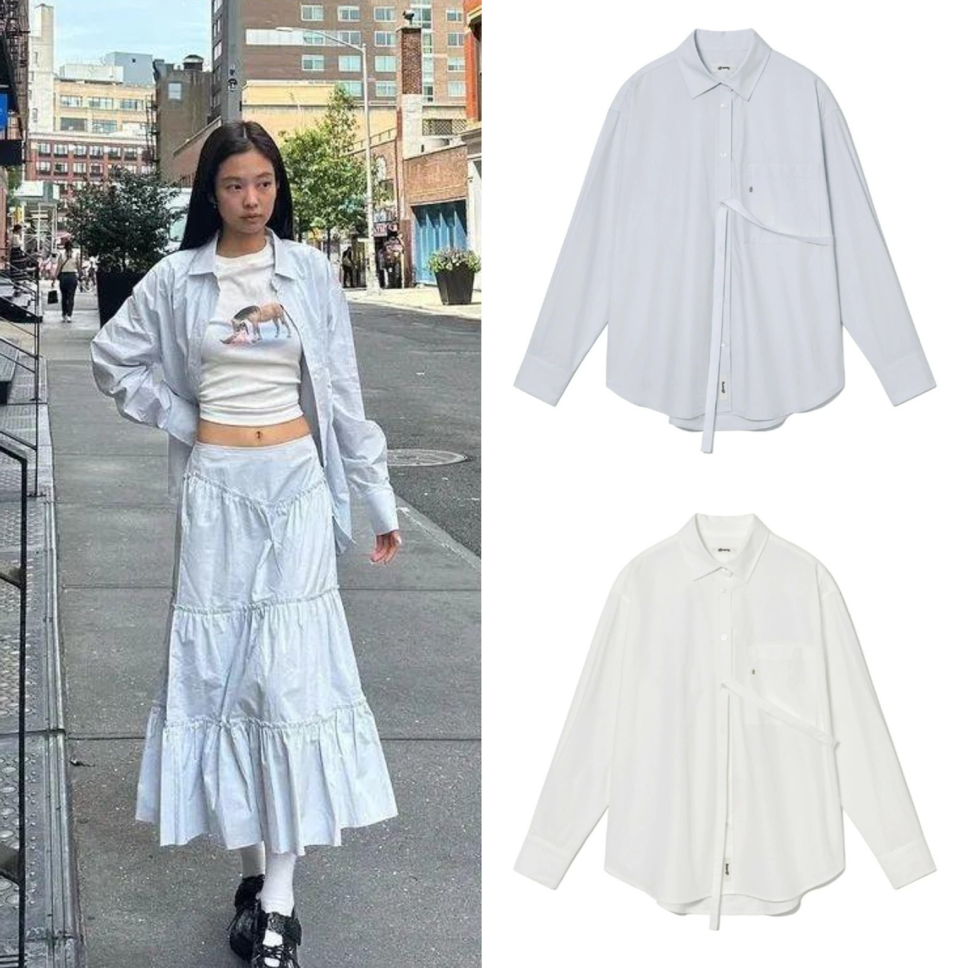 韩国小众jennie同款 设计款百搭宽松系带纯色缎带衬衫白色衬衫