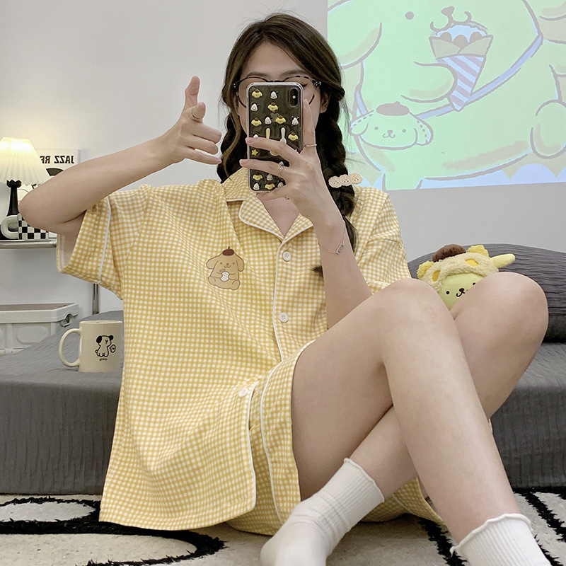 Pajamas Women's Summer 2023 New Short-Sleeved Shorts Thin Cartoon Student Cardigan Homewear Girl Set