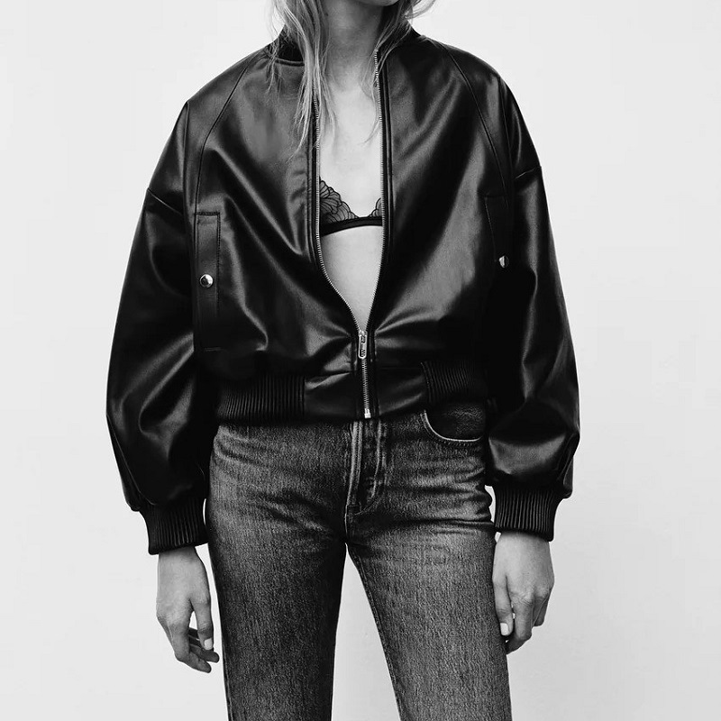 跨境专供2021秋季新款欧美风潮流长袖圆领拉链仿皮飞行员夹克外套