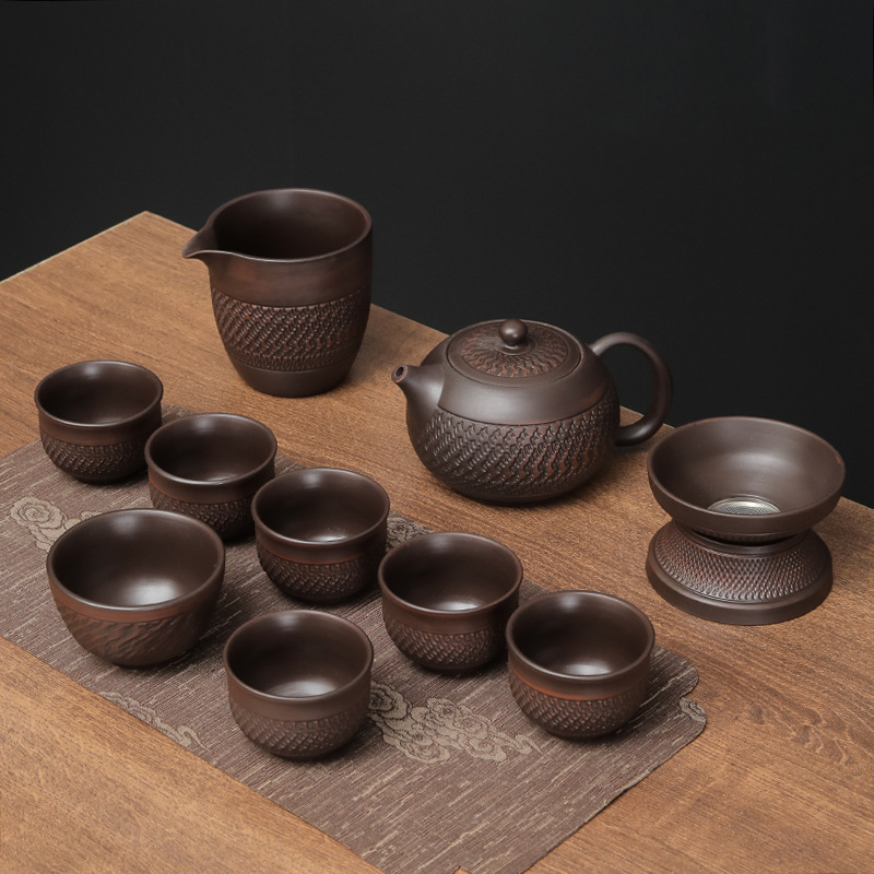 建水紫陶功夫茶具套装家用复古陶瓷茶壶盖碗紫砂主人杯高档礼盒装