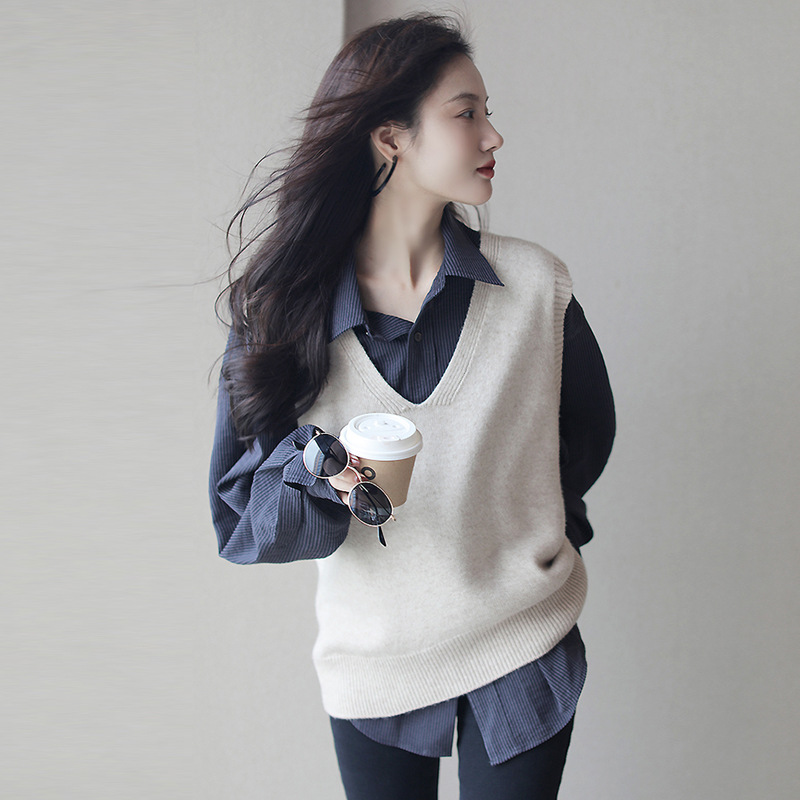 气质叠穿v领针织短款内搭背心女春新款无袖马甲外套毛衣坎肩上衣