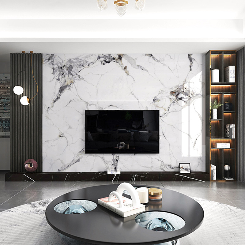 包安装仿岩板电视背景墙壁画简约竹木纤维大理石壁纸影视墙布