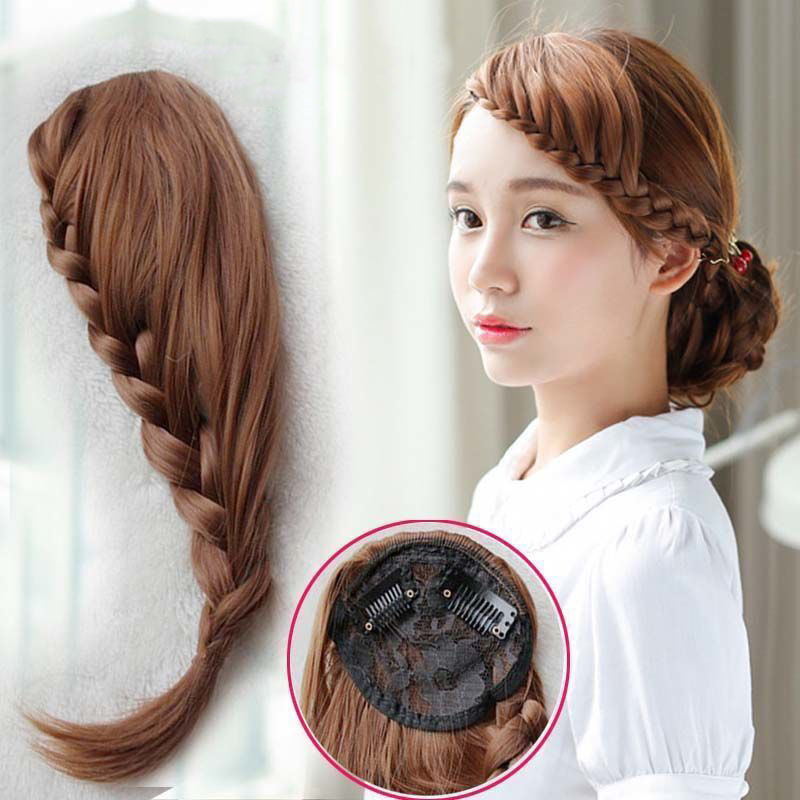 假发女纯手工编织麻花辫子假刘海鱼骨辫左右斜刘海新娘盘发假发片