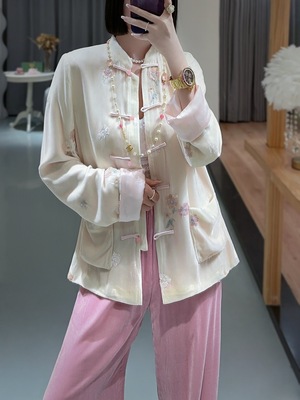 真丝丝绒重工刺绣订珠国风外套女高端新中式立领盘扣唐装气质上衣