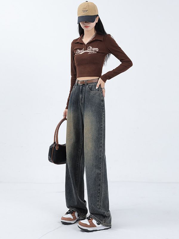 2023 Spring and Autumn High Waist Wide Leg Pants Women's Main Push Cement Color High Waist Drooping Slimming Mop Wide Leg Jeans Women