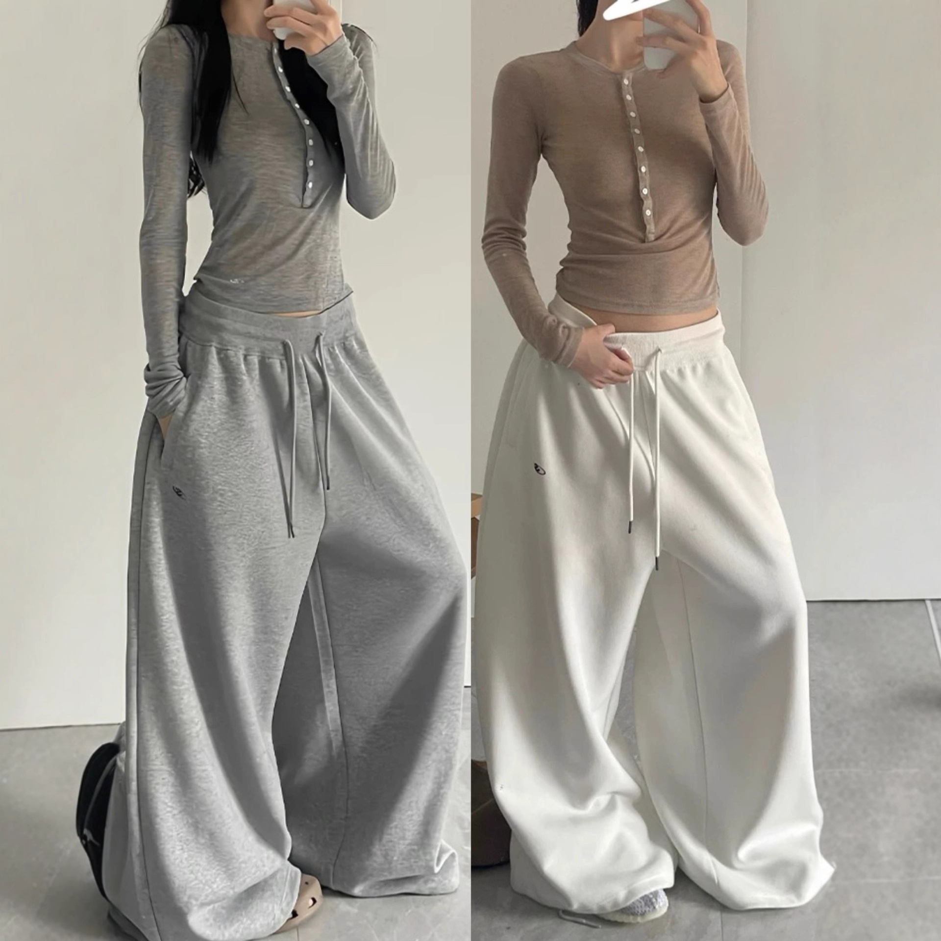 美式运动休闲裤女复合棉松紧螺纹腰宽松卫裤慵懒爵士舞垂感拖地裤