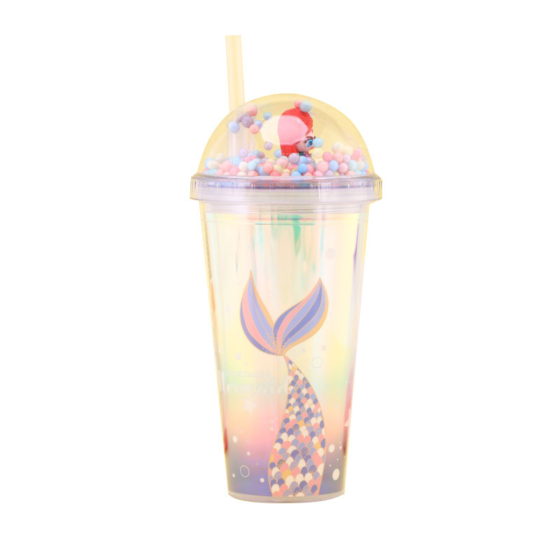 Customized Good-looking Creative Cartoon Plastic Cup Student Mermaid Pattern Gift Cup Large Capacity Cup with Straw