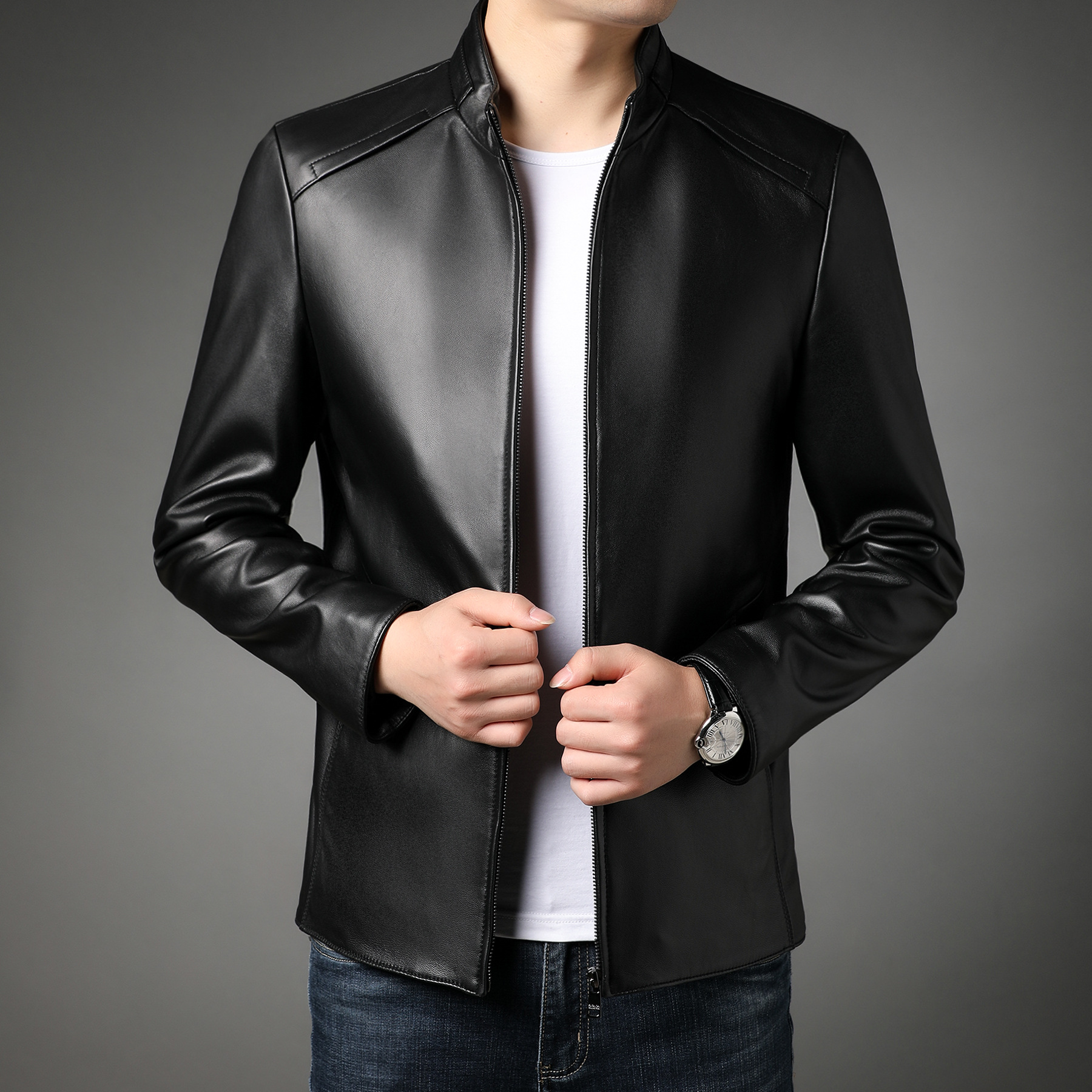 2022秋冬新款男士时尚修身海宁真皮皮衣夹克男式短款棉羊皮外套