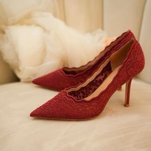 绣线红色婚鞋高跟鞋女细跟经典款