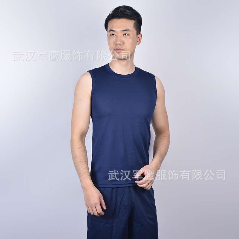 厂家批发火焰蓝无袖背心针织圆领衫夏季消防透气体能训练服打底衫