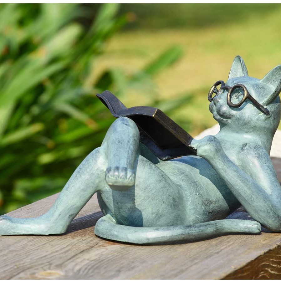 独立站新品 花园雕塑看书阅读文学猫树脂工艺品家居装饰摆件雕像