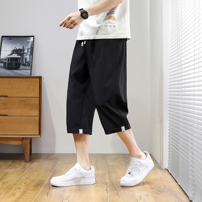 外贸新款男装夏季冰丝休闲七分裤中裤速干休闲个性系绳松紧男裤