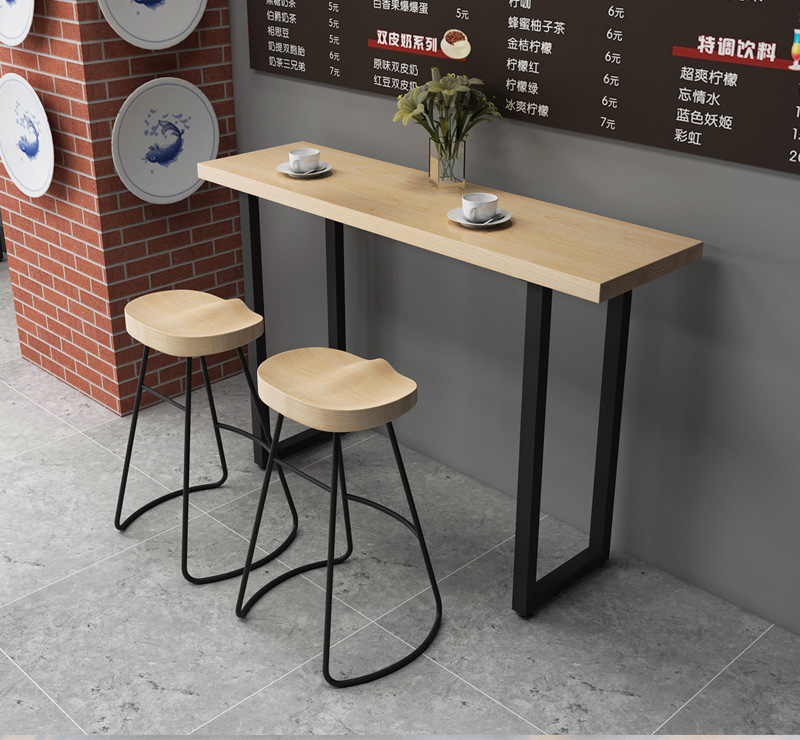 实木吧台桌椅长条桌奶茶店休闲桌高脚桌咖啡桌汉堡快餐桌靠墙窄桌