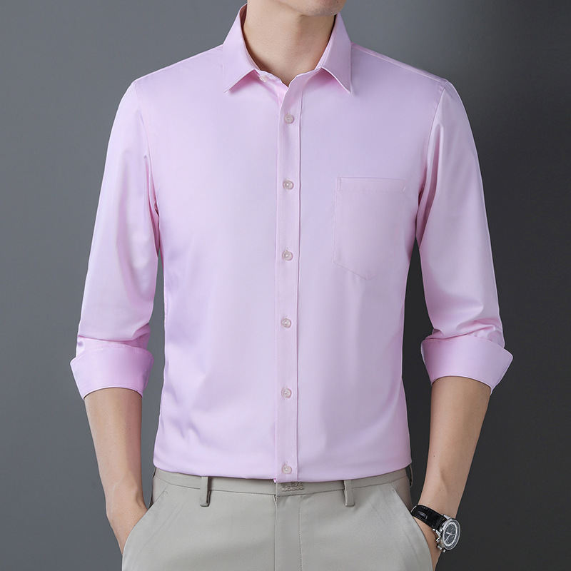 春夏季新款衬衫男长袖款韩版修身免烫抗皱方领商务男装纯色男衬衣
