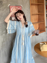 韩国chic夏季法式宫廷风V领拼接流苏毛边设计感宽松短袖连衣裙女