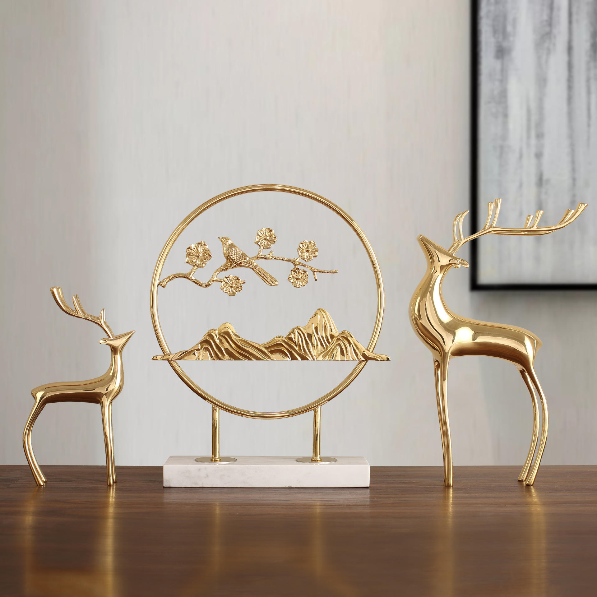 轻奢黄铜麋鹿摆件创意入户玄关装饰品新中式招财摆设纯铜乔迁礼物