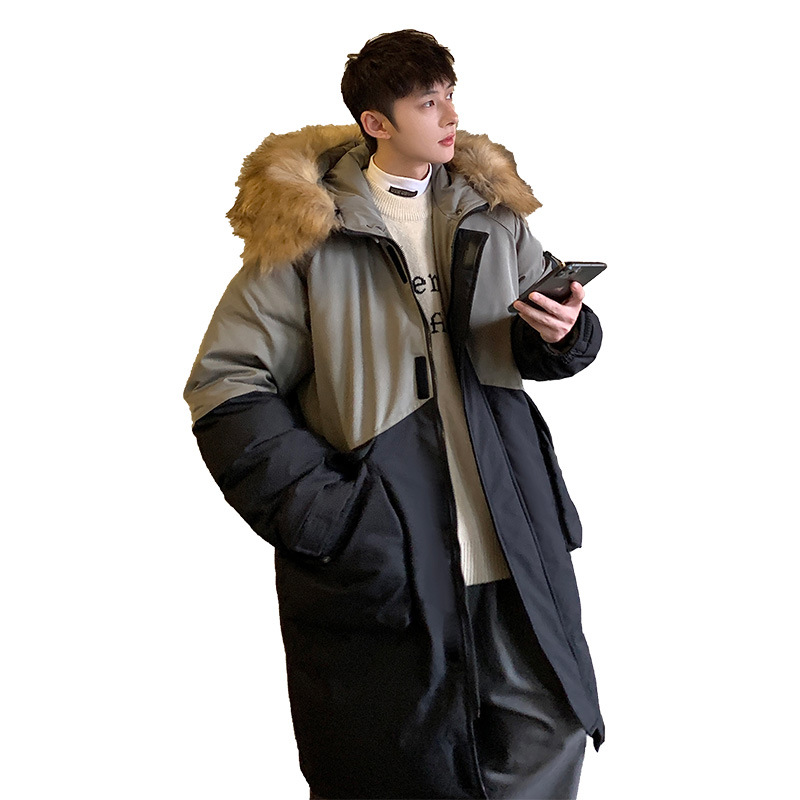 Down Jacket Men's and Women's Mid-Length Couple Wear over the Knee Hong Kong Style Fur Collar Student Color Matching Warm Winter Loose Fashion Coat