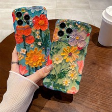 新款蓝光油画花朵15promax手机壳苹果14pro适用iPhone13外贸12/11