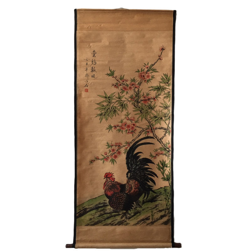 厂家批发古玩古董收藏做旧字画怀旧复古中堂画金鸡报晓挂画新款