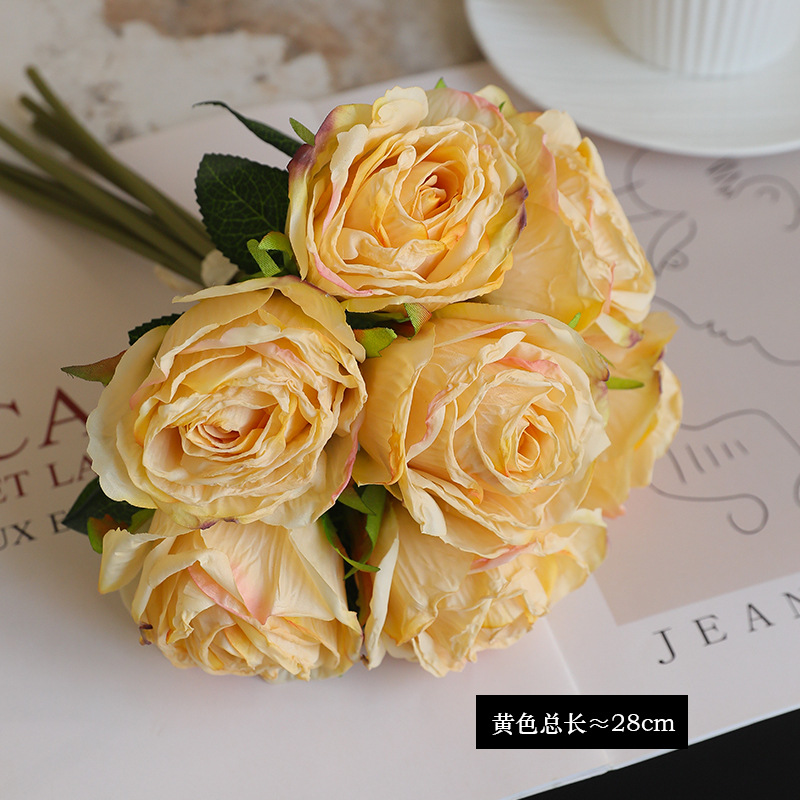 Simulation 7-Piece Handle Beam Fire Burnt Edge Rose Entry Luxury Home Decorative Fake Flower Dried Flower Bridal Bouquet Artificial Rose