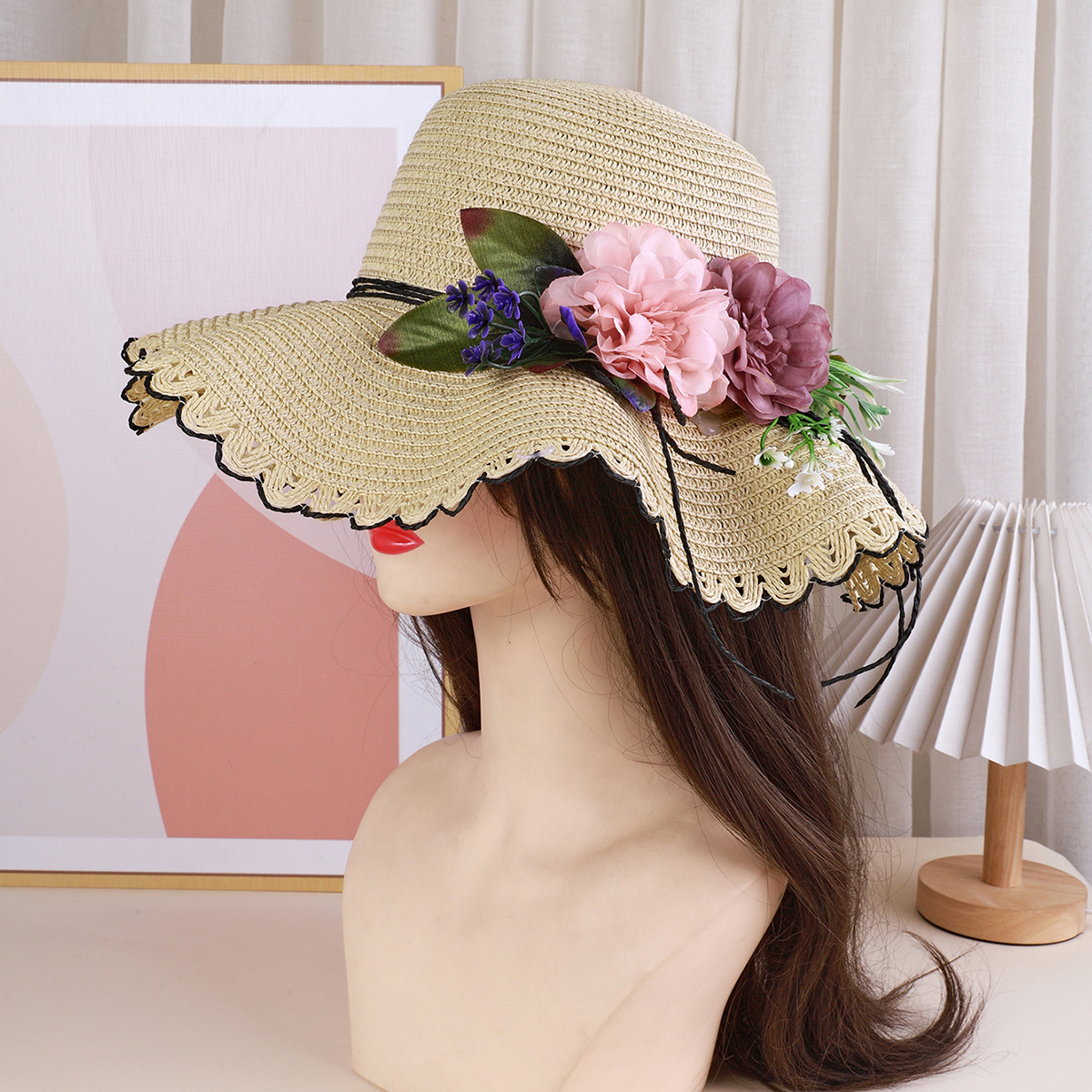 花朵帽子女夏天草编手工遮阳帽旅游防晒太阳帽大檐沙滩帽送防风绳