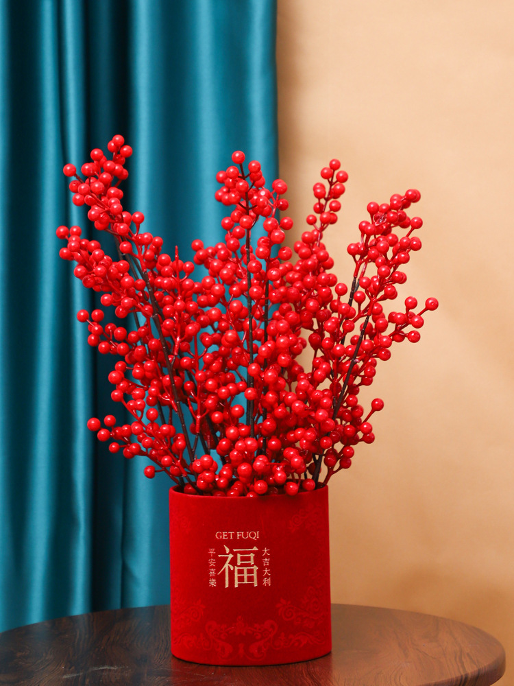 Chinese Hawthorn Fortune Fruit Artificial Flower Lovesickness Red Bean Ceramic Glass Vase Flower Arrangement Christmas New Year Floor Stand Dried Flowers Furnishings