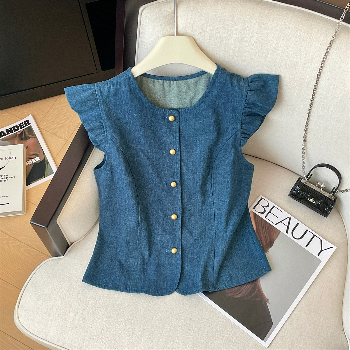 复古水洗牛仔小飞袖衬衫女上衣夏季2024新款设计感别致小衫潮