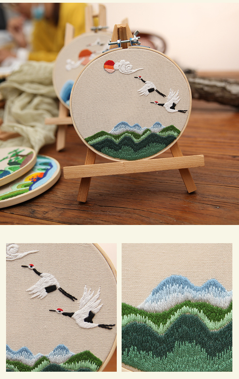 仙鹤花草风景刺绣手工diy材料包绣线套件刺绣针线套装客厅挂画